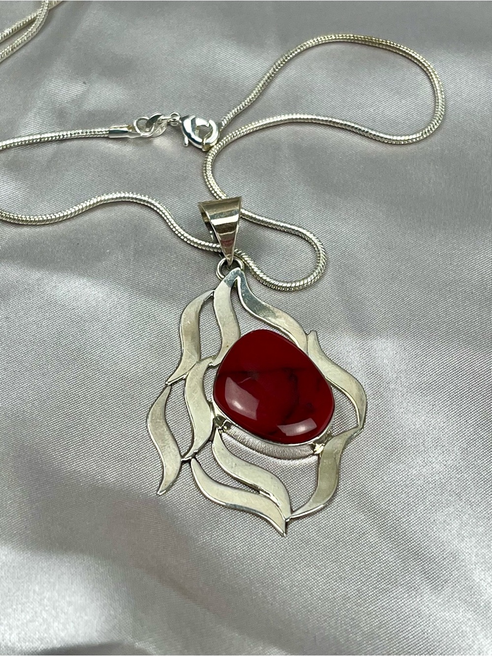 Vtg Signed 70s 950 Sterling Silver Taxco TS-48 Red Jasper Pendant 20” Necklace